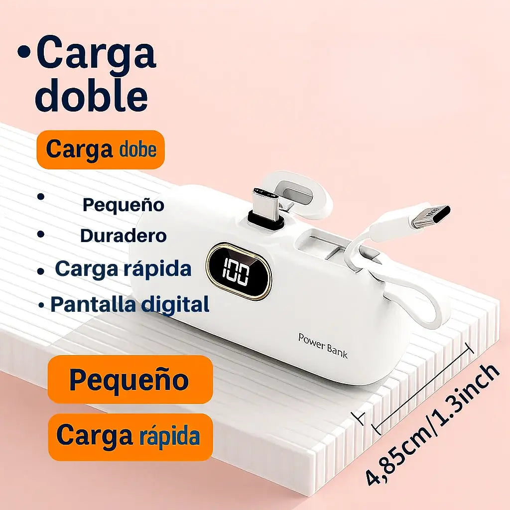 Power Bank 5,000 mAh BLANCO – Compatible con iPhone y Android (Tipo C + Lightning) – No te vuelvas a quedar sin carga.