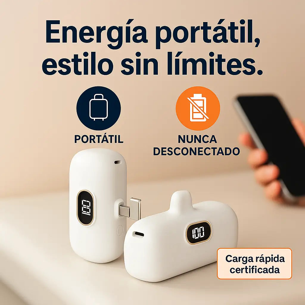 Power Bank 5,000 mAh BLANCO – Compatible con iPhone y Android (Tipo C + Lightning) – No te vuelvas a quedar sin carga.