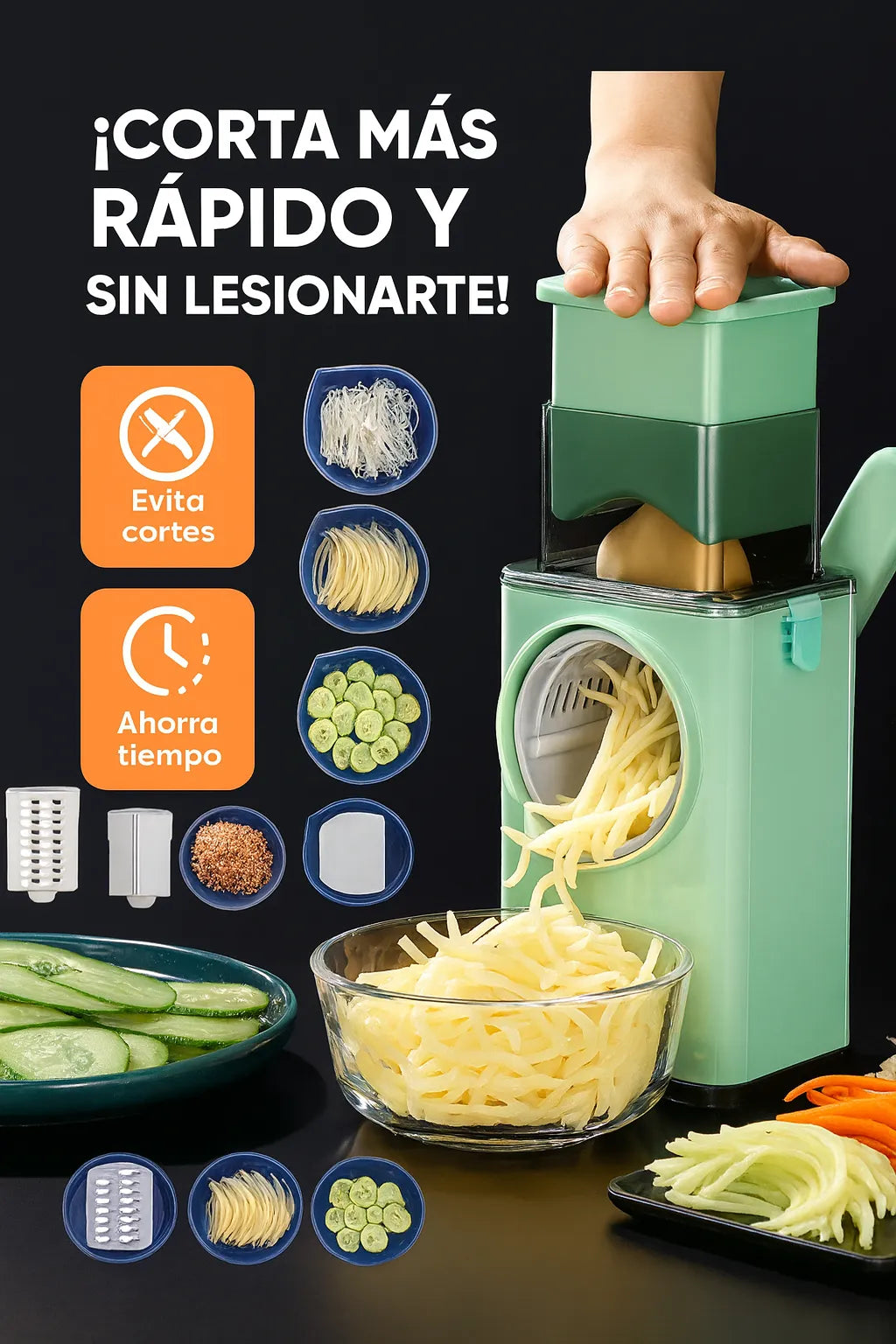 Cortador Multifuncional 3-en-1: cocina rápido y seguro con una sola herramienta.
