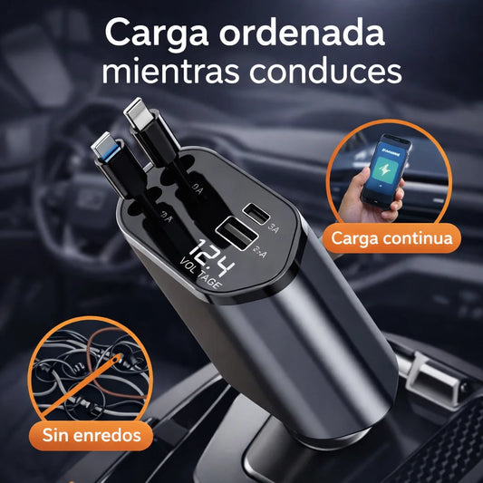 Cargador de Auto Retráctil con Carga Rápida  –  Cable USB-C y Lightning | Puerto USB C y USB A | Para Android y Iphone