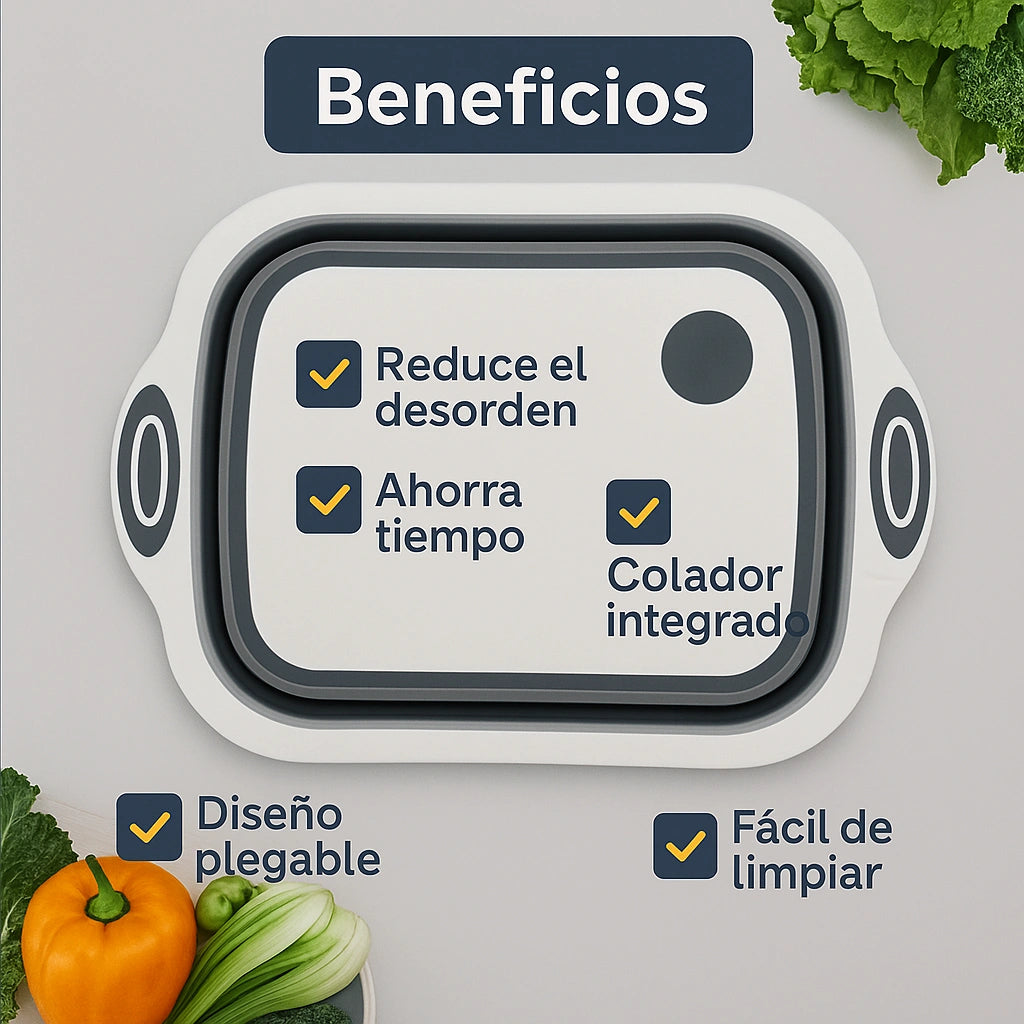 Tabla de Cocina 3 en 1: Corta, Lava y Escurre en un Solo Paso.