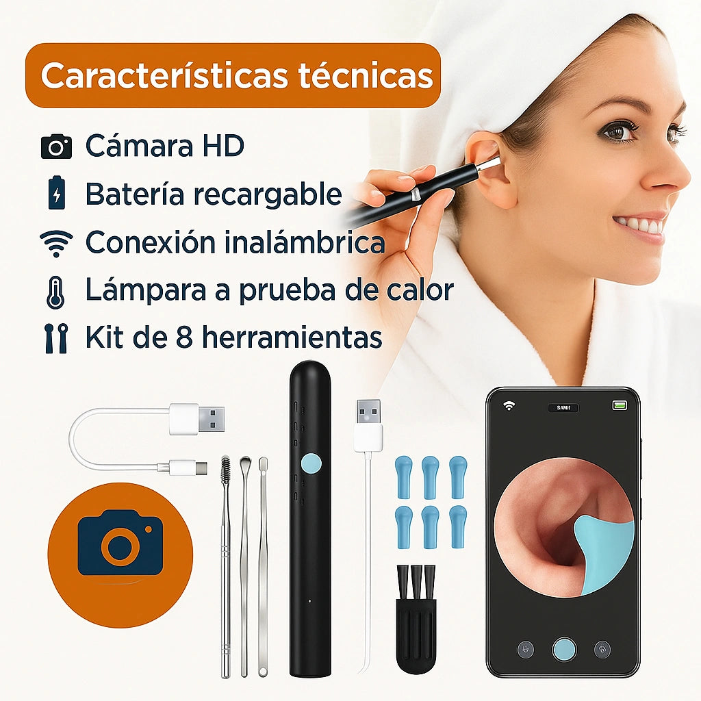 Limpiador de Oídos con Camara HD - Visualiza y limpia tus oídos con precisión