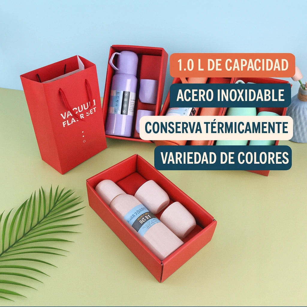 Set - Termo Termico con 3 Tazas: Bebidas a la Temperatura Perfecta Todo el Día.