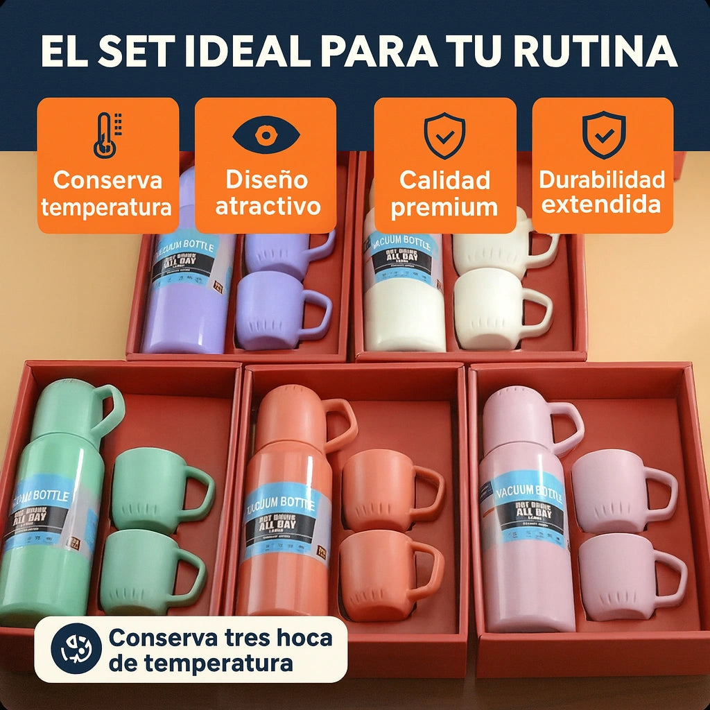 Set - Termo Termico con 3 Tazas: Bebidas a la Temperatura Perfecta Todo el Día.