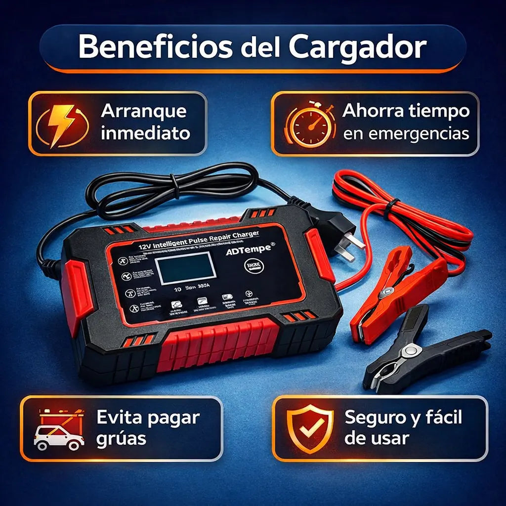 Cargador práctico para autos y motos - Arranca tu auto en minutos, sin ayuda y sin estrés.