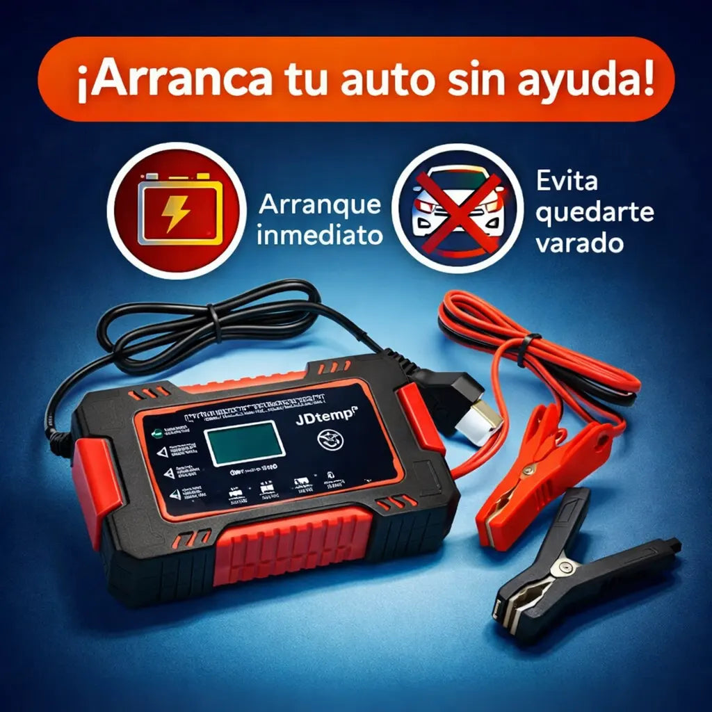 Cargador práctico para autos y motos - Arranca tu auto en minutos, sin ayuda y sin estrés.