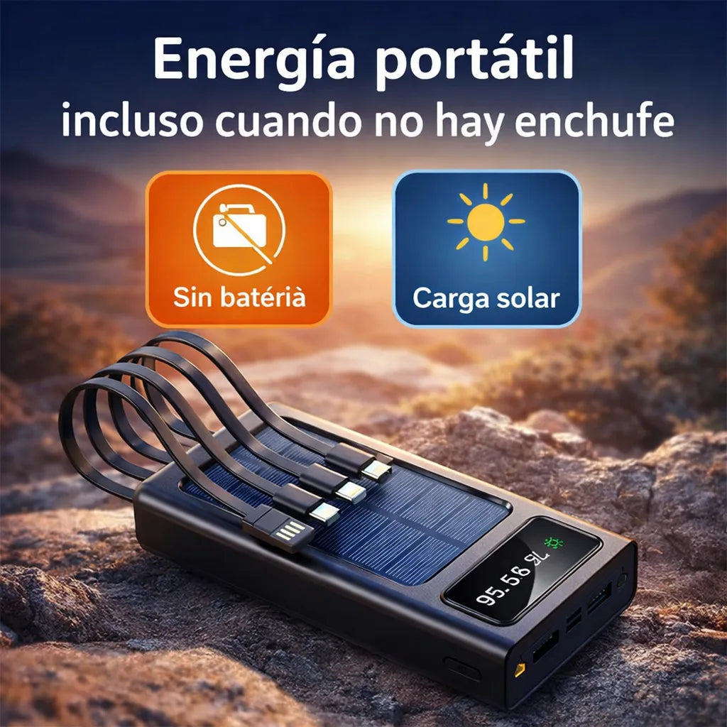 POWER BANK SOLAR Y ELECTRICO de 30,000mAh - Energia Portatil para tu Celular - USB, Tipo C, Micro USB y Lightning