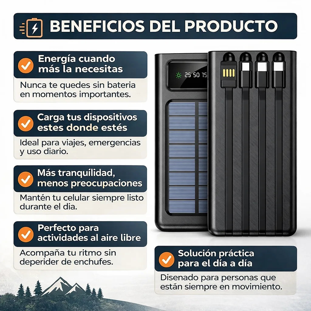 POWER BANK SOLAR Y ELECTRICO de 30,000mAh - Energia Portatil para tu Celular - USB, Tipo C, Micro USB y Lightning
