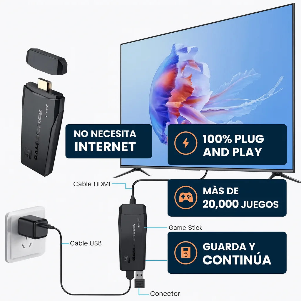 Retro Game Stick con 2 controles - La consola retro que convierte cualquier TV en diversión ilimitada