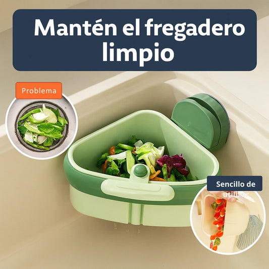 Cesto esquinero para restos de comida - Evita que tu lavaplatos se tape en segundos.