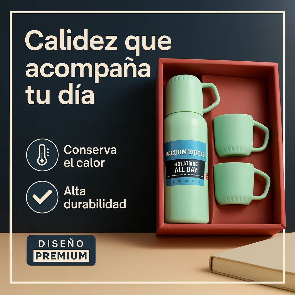 Set - Termo Termico con 3 Tazas: Bebidas a la Temperatura Perfecta Todo el Día.